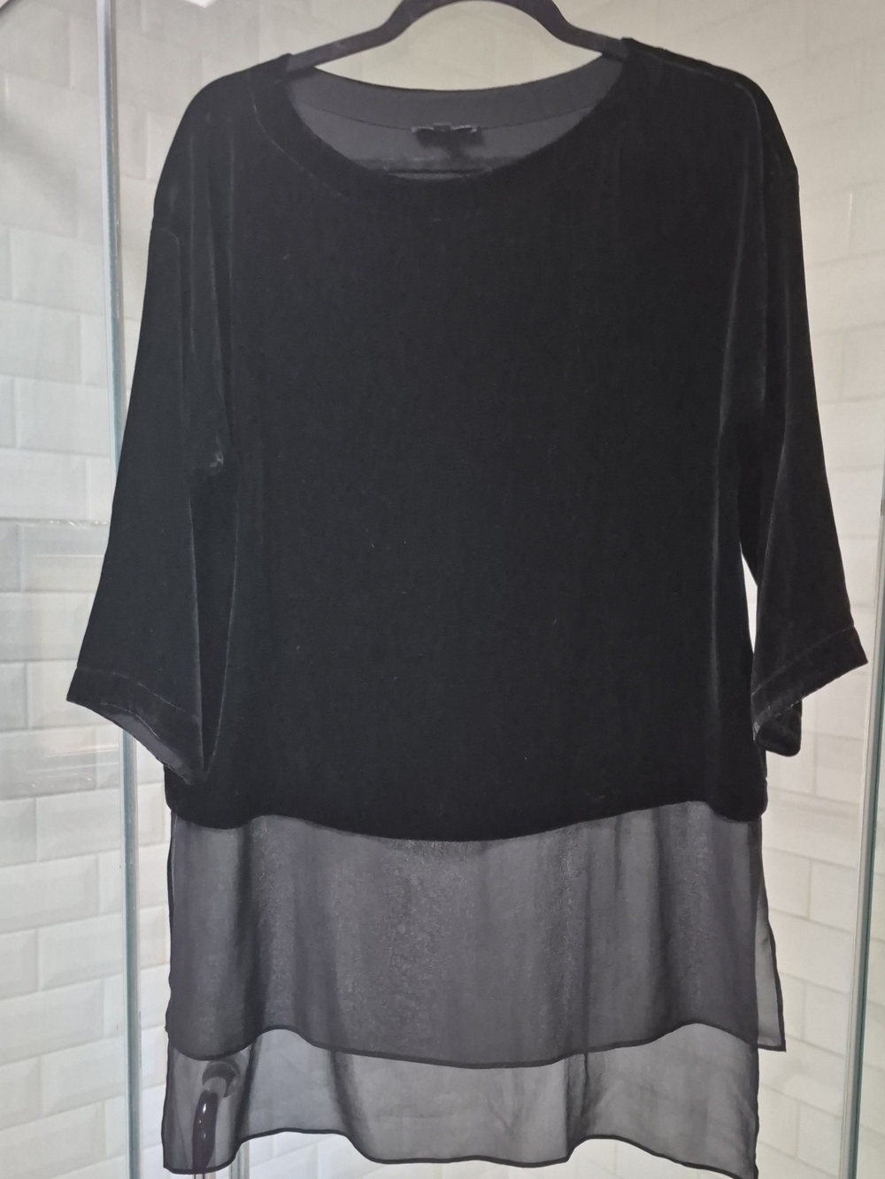 NWOT Eileen Fisher Black Velvet Knit Top 3/4 Sleeves Sheer Bottom Sz. XS